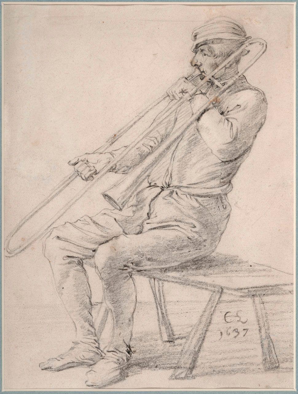 A Seated Man Playing a Sackbut