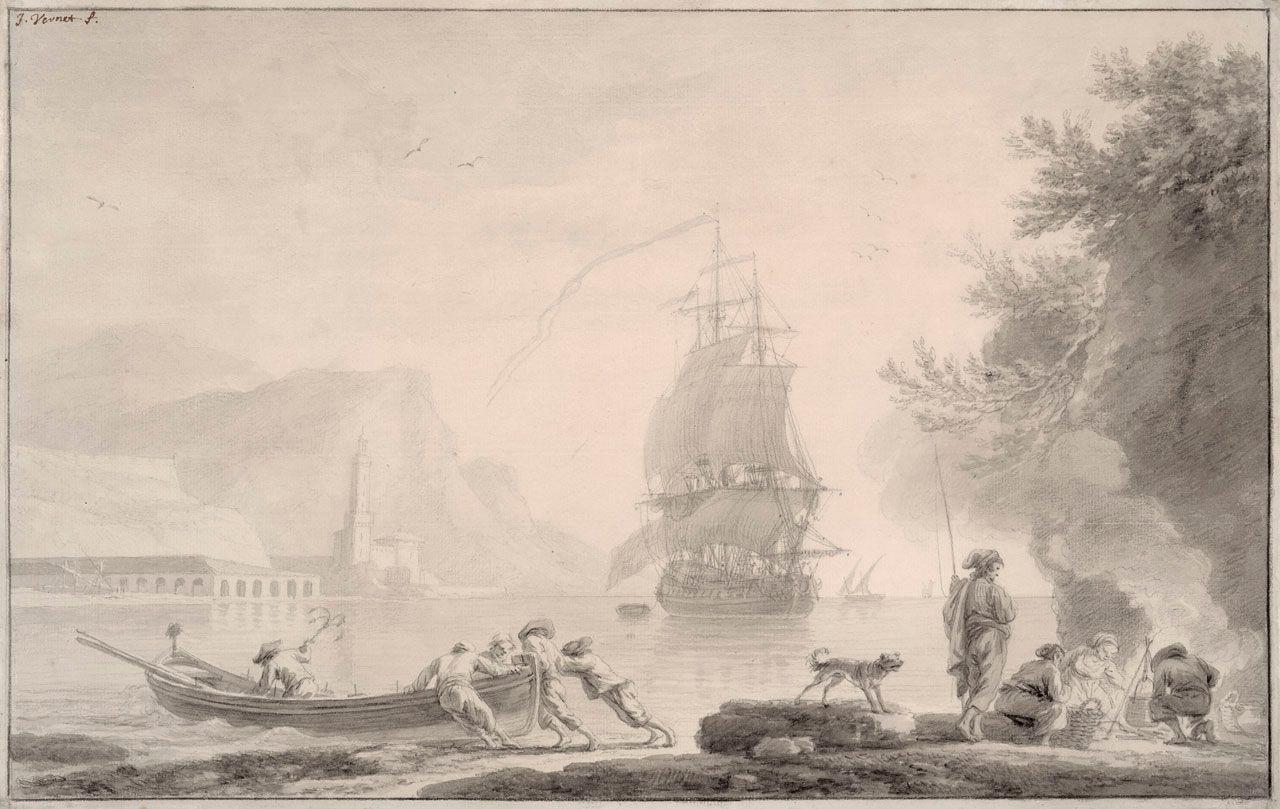 A Harbor Scene with Fishermen Pushing a Boat into the Water